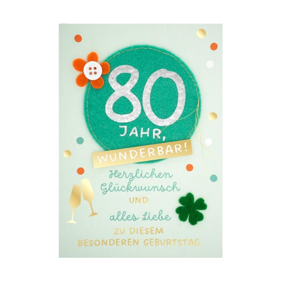 GRUSS&CO Grusskarte FILZ de 08 h aus Papier mit Filz-Elementen, 17x12cm, festliche Geburtstagskarte zum 80. Geburtstag
