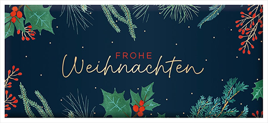 Grafik Werkstatt Weihnachtsschokolade 30g mit goldener Aufschrift Frohe Weihnachten und Zweigen-Design