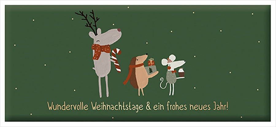 Grafik Werkstatt Weihnachtsschokolade 30g mit goldener Aufschrift Wundervolle Weihnachtstage und Neujahrswunsch