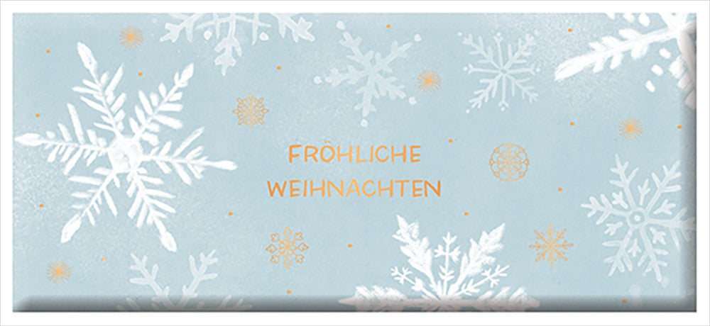 Grafik Werkstatt Weihnachtsschokolade 30g mit goldener Aufschrift Fröhliche Weihnachten und Schneeflocken-Design
