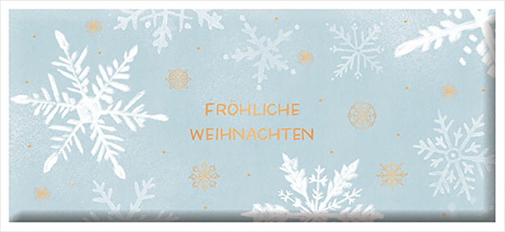 Grafik Werkstatt Weihnachtsschokolade 30g mit goldener Aufschrift Fröhliche Weihnachten und Schneeflocken-Design