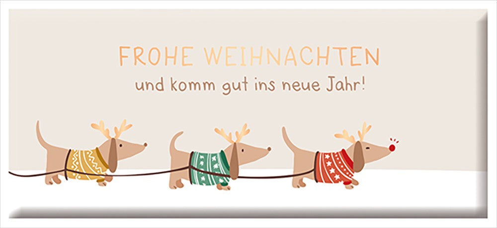 Grafik Werkstatt Weihnachtsschokolade 30g mit goldener Aufschrift Frohe Weihnachten und Hundemotiv