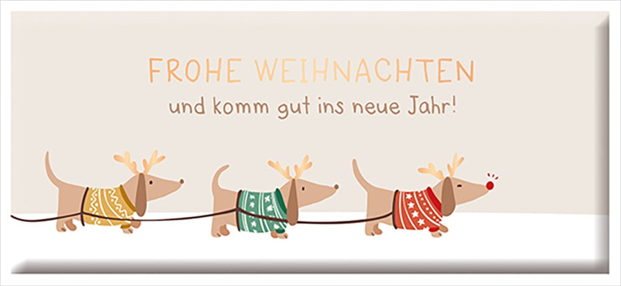 Grafik Werkstatt Weihnachtsschokolade 30g mit goldener Aufschrift Frohe Weihnachten und Hundemotiv