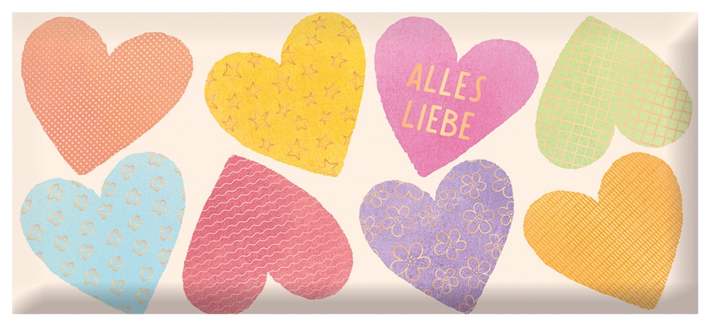 Schoko Alles Liebe 30g – Schokolade, Goldveredelung, bunte Herzen, Geschenk, Freude