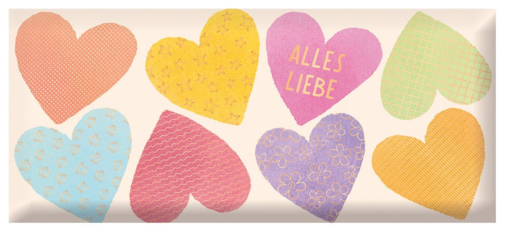 Schoko Alles Liebe 30g – Schokolade, Goldveredelung, bunte Herzen, Geschenk, Freude