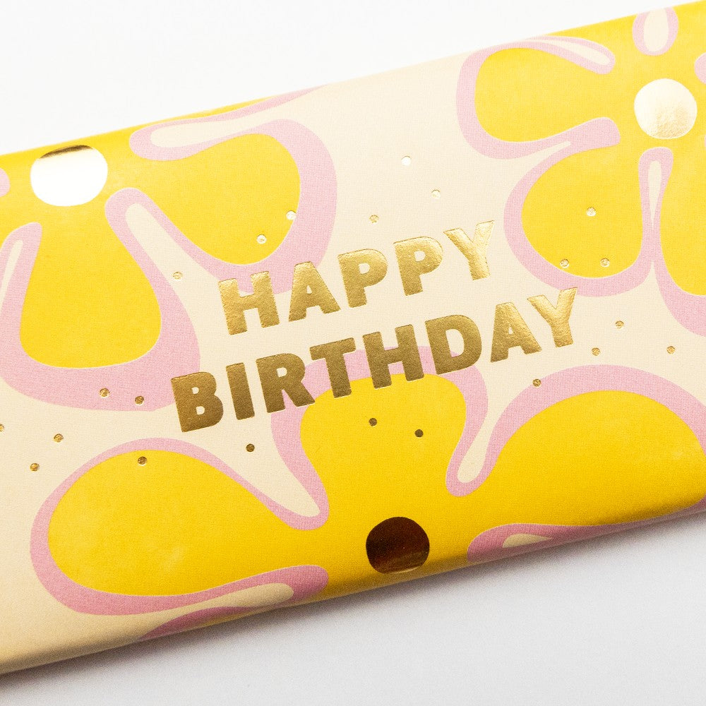 Schoko Happy Birthday – 30g Schokolade, Gold, Blumen, Geburtstagsgruß, Mitbringsel