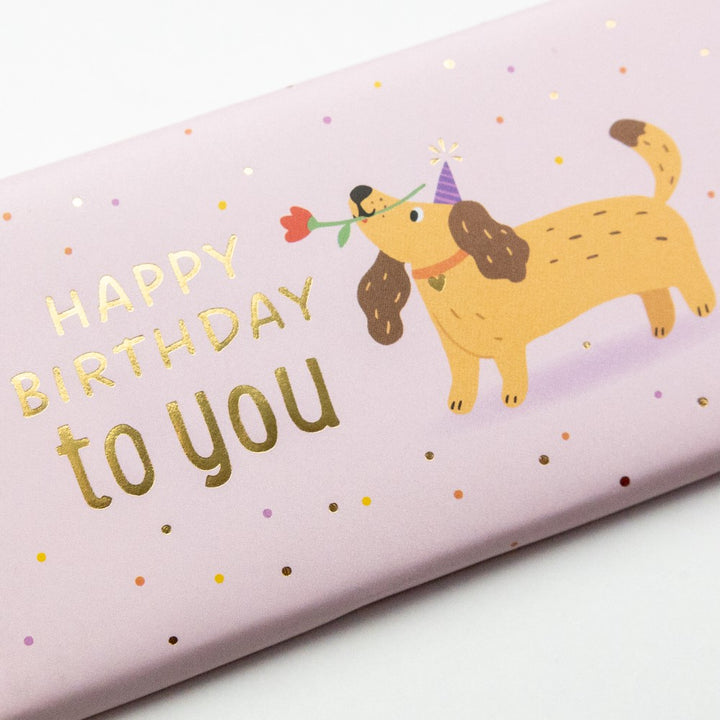 Schoko Happy Birthday to you – 30g Schokolade, Gold, Hund, Geburtstagsgruß, Mitbringsel
