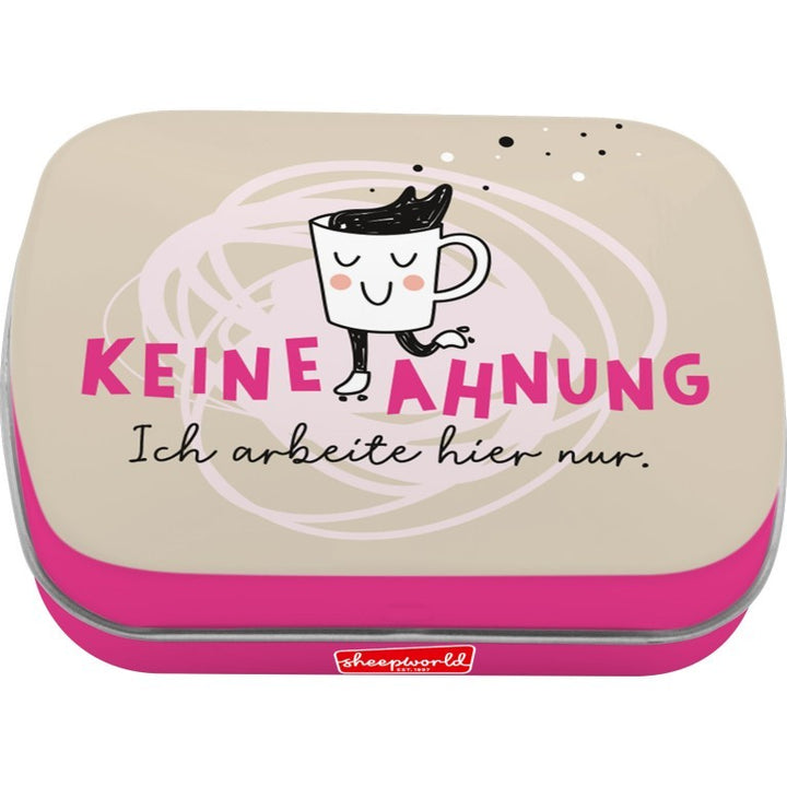 Sheepworld Mint Ahnung – Mintdose mit Spruch "Keine Ahnung" und Kaffeetasse