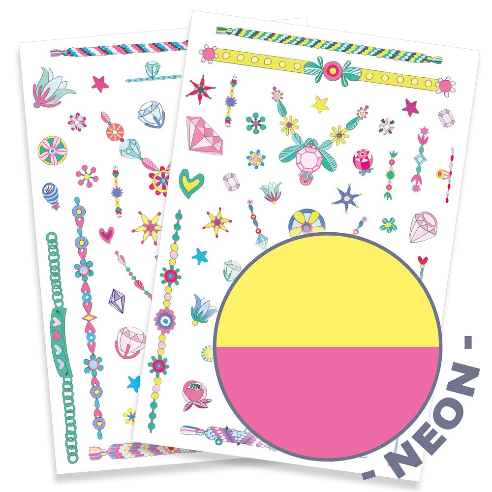 Jennis Schmuck Neon Tattoos von Djeco, 2 Tattoo-Bögen mit leuchtenden Neon-Motiven für Kinder