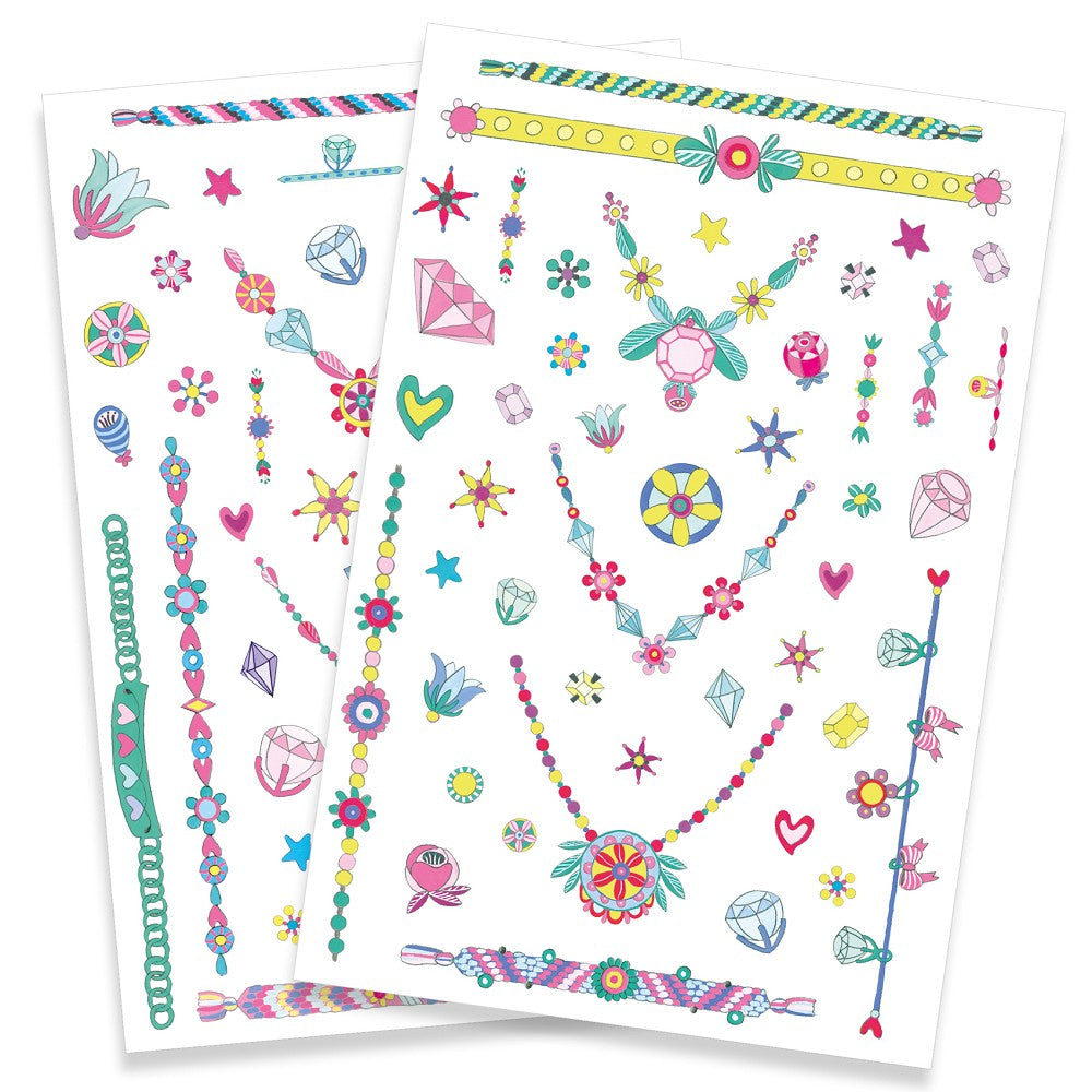 Jennis Schmuck Neon Tattoos von Djeco, 2 Tattoo-Bögen mit leuchtenden Neon-Motiven für Kinder