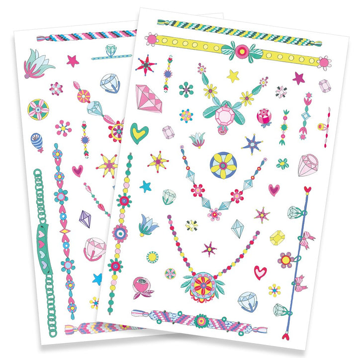 Jennis Schmuck Neon Tattoos von Djeco, 2 Tattoo-Bögen mit leuchtenden Neon-Motiven für Kinder