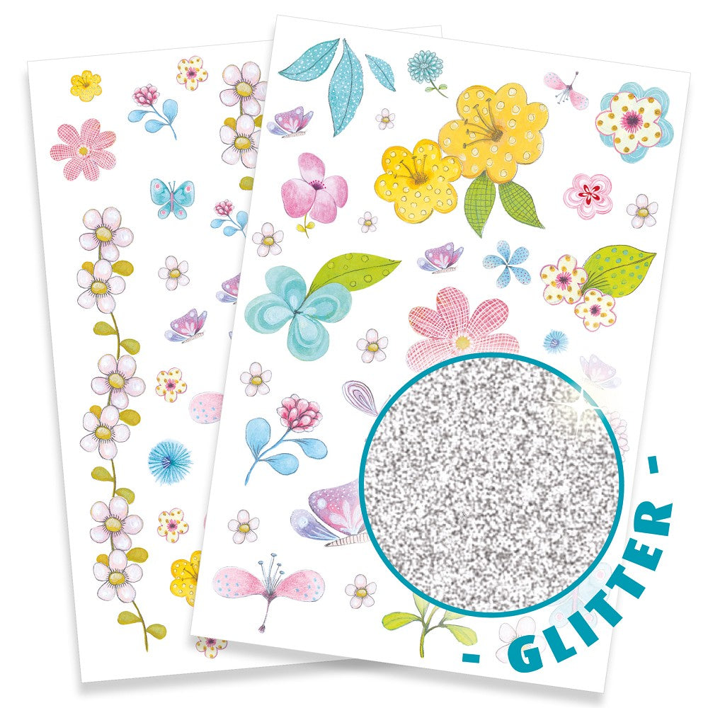 Feldblumen Glitzer Tattoos von Djeco, 2 Tattoo-Bögen mit verspielten Feldblumen-Motiven für Kinder