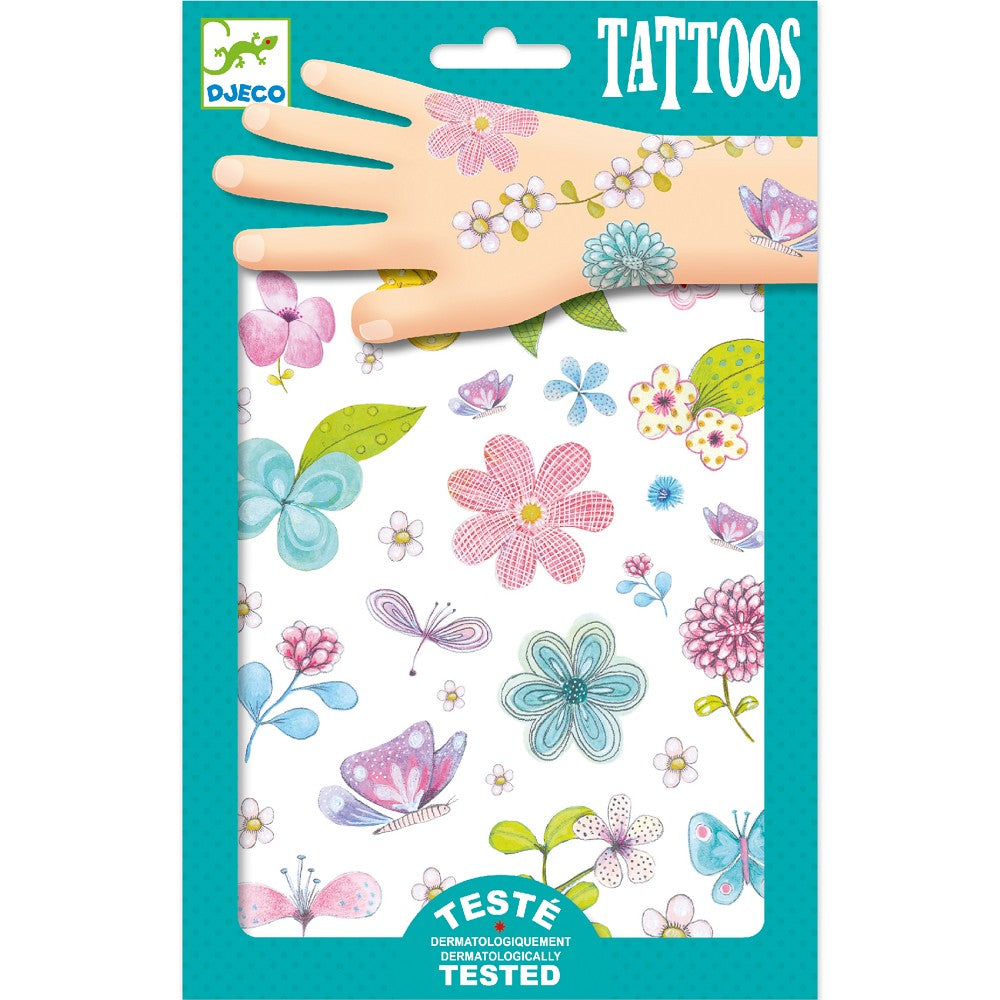 Feldblumen Glitzer Tattoos von Djeco, 2 Tattoo-Bögen mit verspielten Feldblumen-Motiven für Kinder