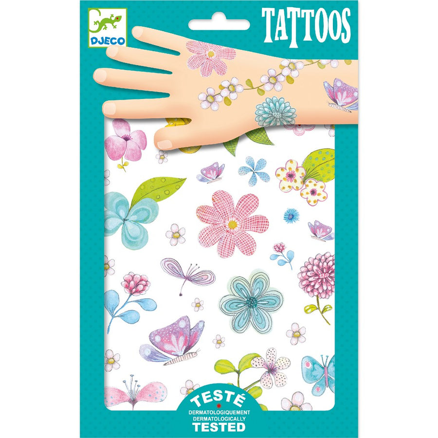 Feldblumen Glitzer Tattoos von Djeco, 2 Tattoo-Bögen mit verspielten Feldblumen-Motiven für Kinder