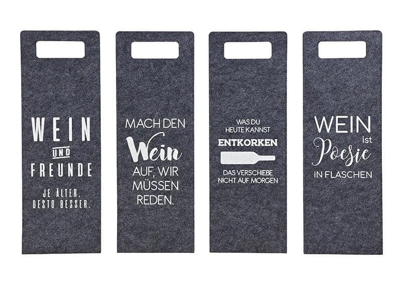 Geschenktasche Flaschentasche Sprüche Wein Filz grau 14x41cm 4-fach sortiert