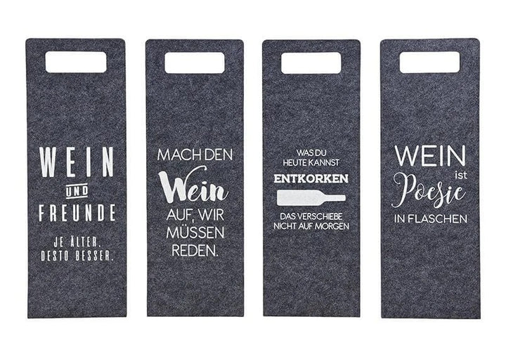 Geschenktasche Flaschentasche Sprüche Wein Filz grau 14x41cm 4-fach sortiert