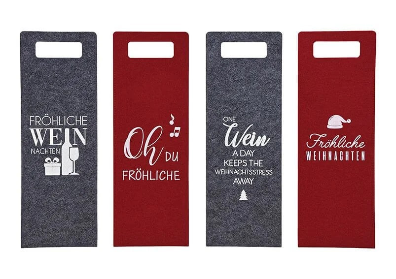 Geschenktasche aus Filz in grau und bordeaux mit Weihnachtssprüchen, 14x41cm, festliche Flaschentasche