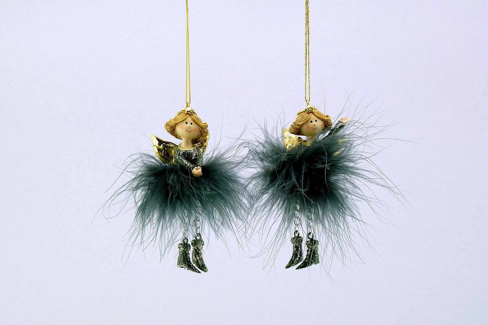 Poly Feder-Engel Dunkelgrün Gold L 11 cm Christbaumschmuck elegant