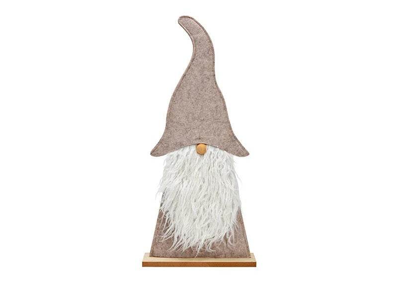 Aufsteller Wichtel auf Holzsockel aus Textil in beige, 26x56x8cm, imposanter märchenhafter Wichtel für Weihnachtsdekoration