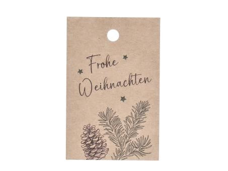 Papieranhänger Frohe Weihnachten H 50 mm Zapfen Zweig natur