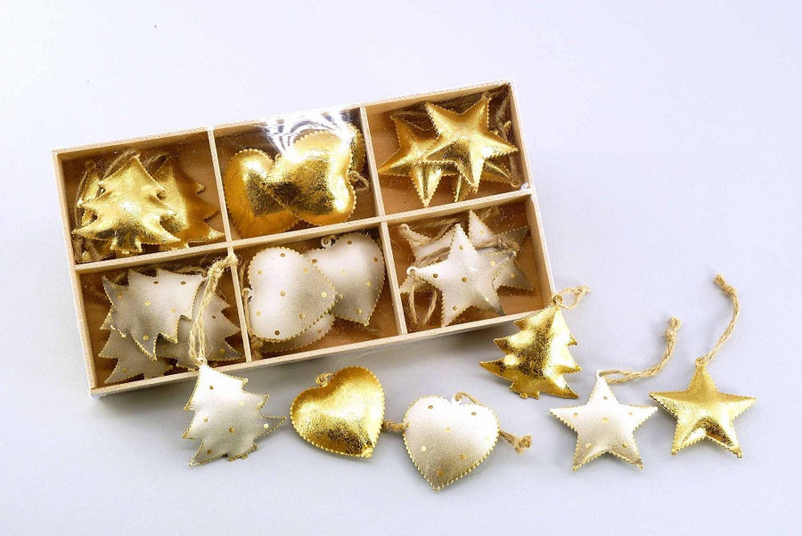 Anhänger Metall Stern Herz Baum Gold Grau Weiß Ø 4,5 cm Weihnachtsdeko