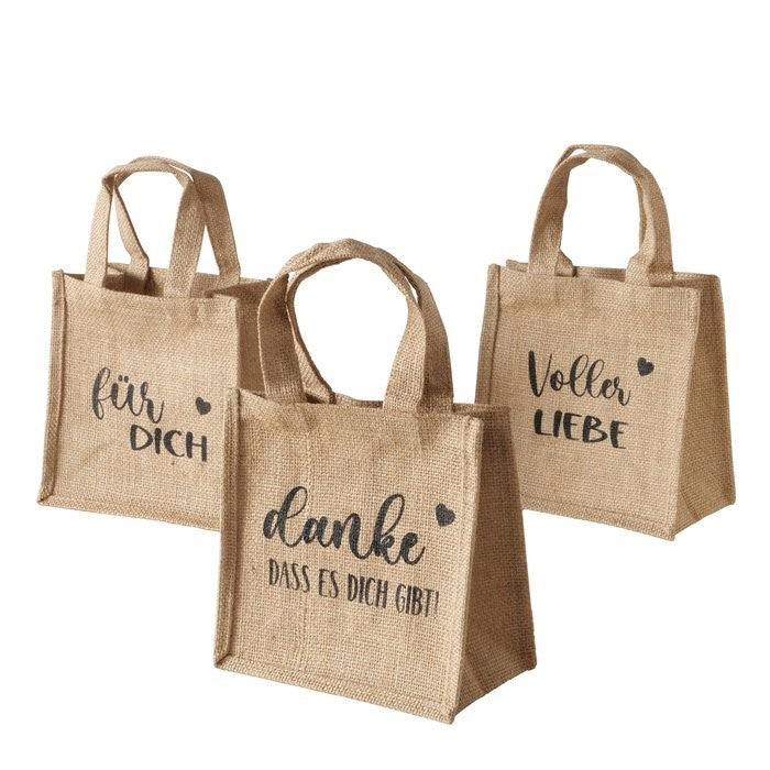 Geschenktüte Kudo Jute natur 21x21 cm matt mit Spruch Deutsch Henkel 3 sort