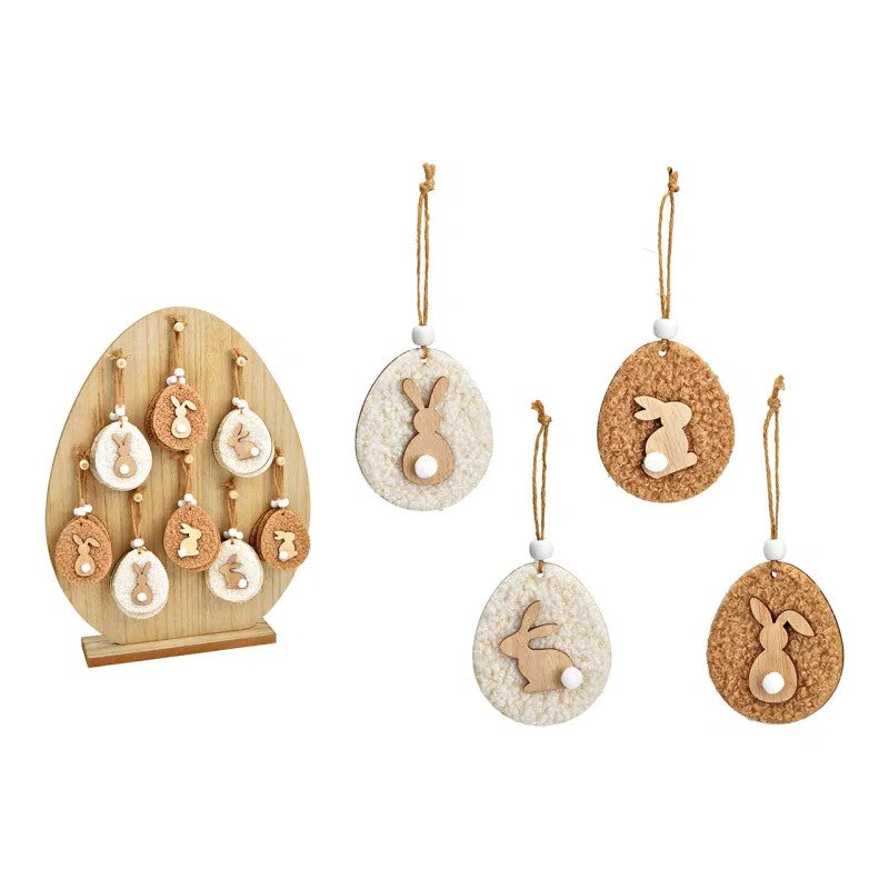 Hühnerei Holz Hase Plüsch, 6x7cm, 4-fach sortiert, Osterdeko, 1 Stück, Anhänger