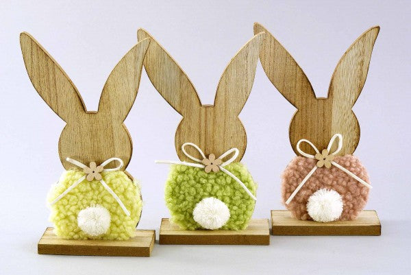 Holz/Plüsch-Hase natur-gelb/pink/grün sort. H19 B11cm