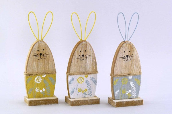 Holz-Metall Hase Frühlingswiese, 20cm, blau weiß gelb, Frühlingsdeko, natürlich