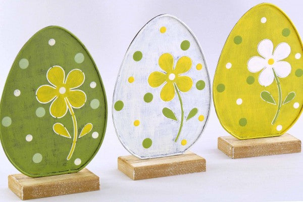 Metall-Holz Ei grün weiß gelb 18x12cm