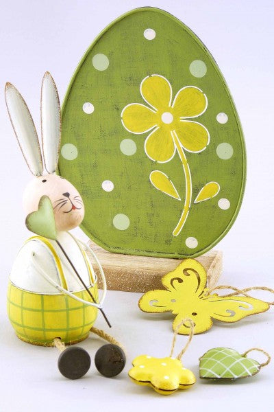 Ei aus Metall und Holz, grün weiß gelb, 18,5x12,5cm, elegante Osterdeko, Fensterbank