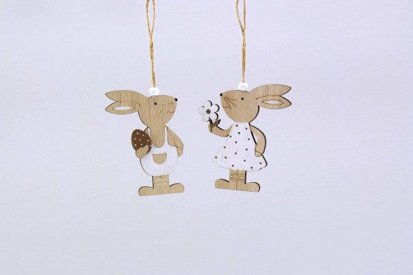 Anhänger Hase Holz, natur weiß braun, 9,5cm, 2-fach sortiert, Osterdeko, 1 Stück
