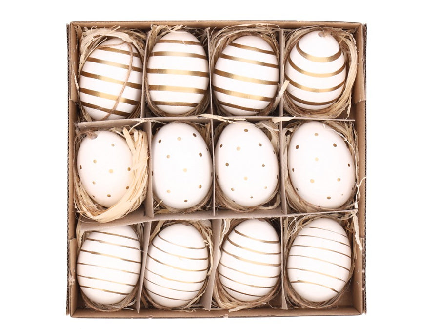 Hühnerei zum Hängen weiß gold, 3-fach sortiert, Osterdeko, ein Ei, Aufhänger, elegant