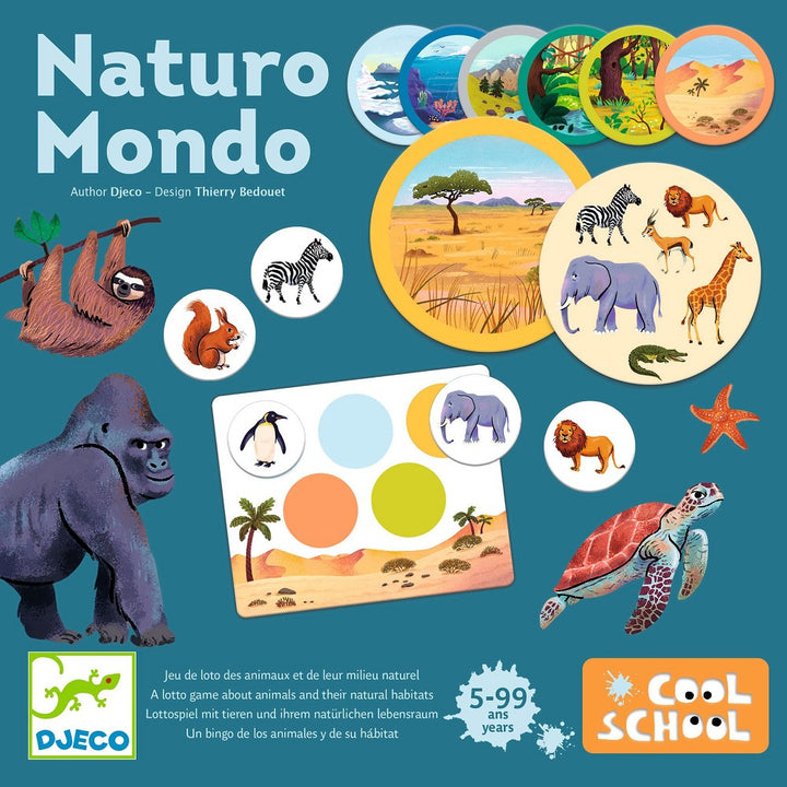 Naturo Mondo Bingo Spiel mit 6 Bingo-Karten, 49 Tierchips, Lernspiel über Tierlebensräume
