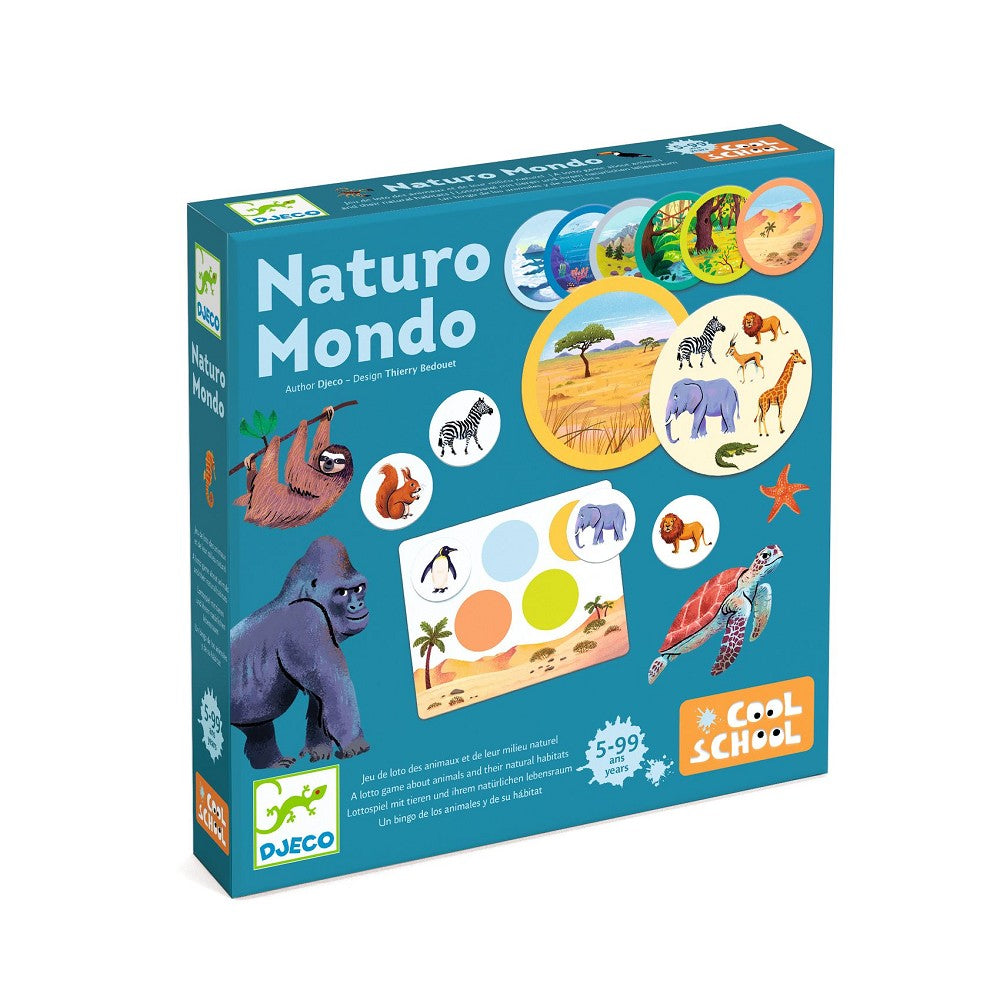 Naturo Mondo Bingo Spiel mit 6 Bingo-Karten, 49 Tierchips, Lernspiel über Tierlebensräume