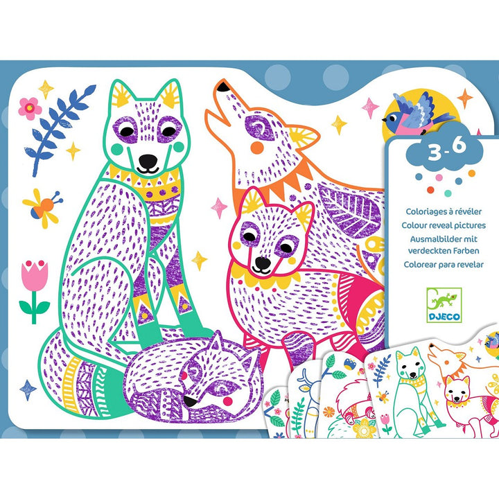 Familie des Waldes Ausmalen mit verdeckten Farben, 12 Silhouettenkarten mit magischem Buntstift, Design Kate McLelland