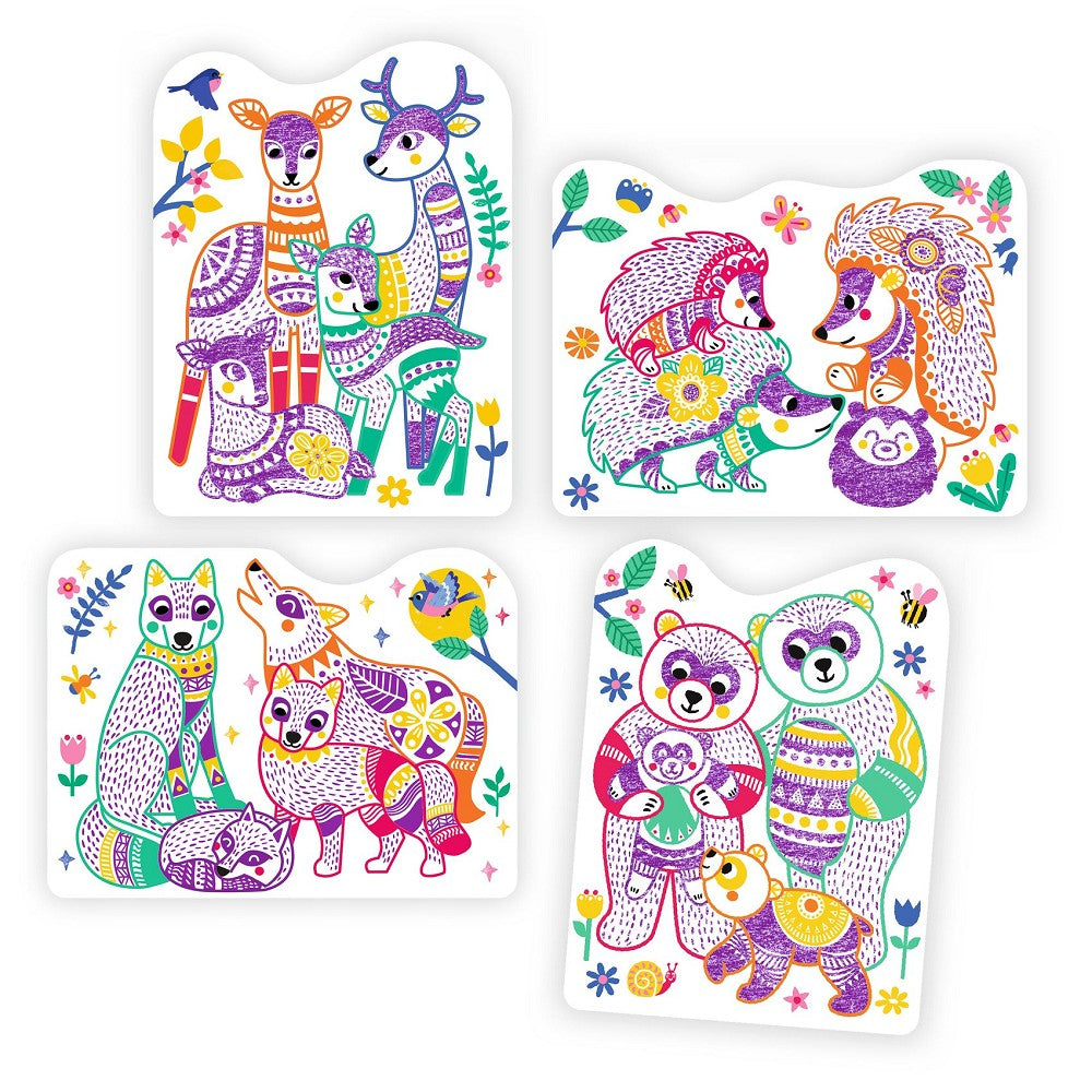 Familie des Waldes Ausmalen mit verdeckten Farben, 12 Silhouettenkarten mit magischem Buntstift, Design Kate McLelland
