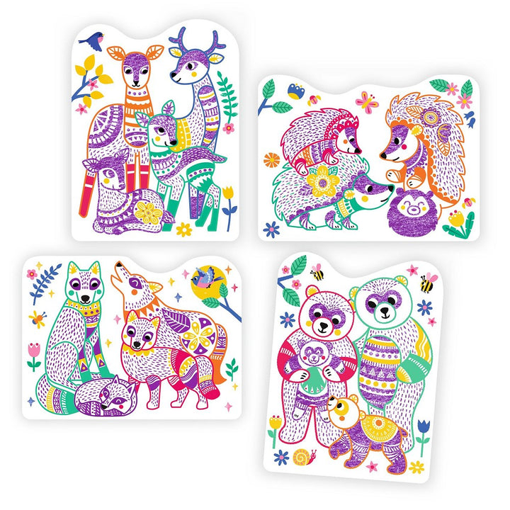 Familie des Waldes Ausmalen mit verdeckten Farben, 12 Silhouettenkarten mit magischem Buntstift, Design Kate McLelland