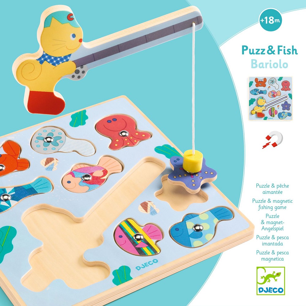 Djeco Puzz & Fish Bariolo, Holzpuzzle Angelspiel, magnetische Angel, ab 18 Monaten