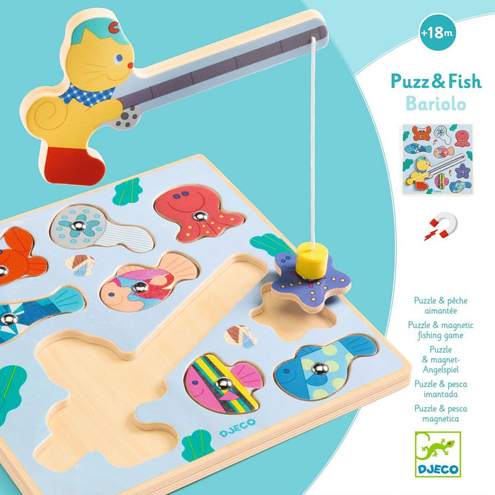 Djeco Puzz & Fish Bariolo, Holzpuzzle Angelspiel, magnetische Angel, ab 18 Monaten