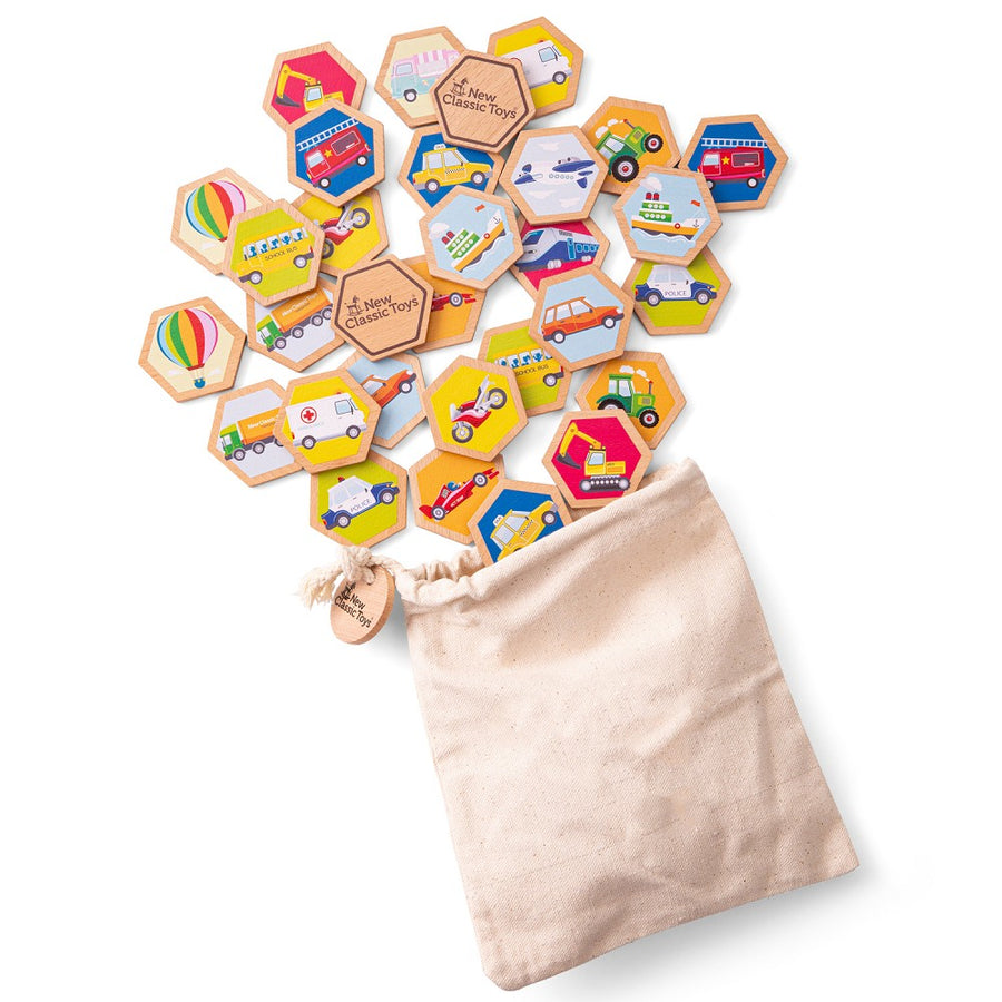 Memory Spiel aus Holz mit bunten Fahrzeug-Motiven, 32 Teile, Lernspiel für Kinder