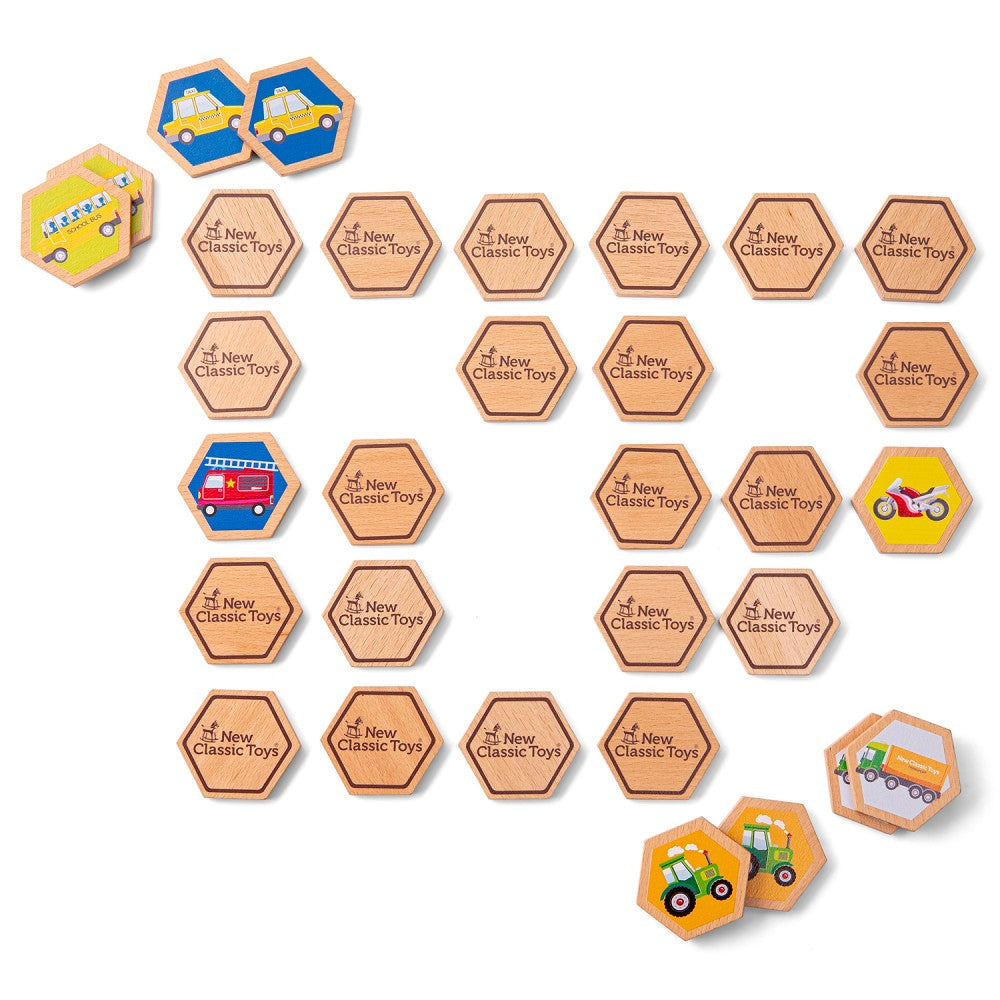 Memory Spiel aus Holz mit bunten Fahrzeug-Motiven, 32 Teile, Lernspiel für Kinder