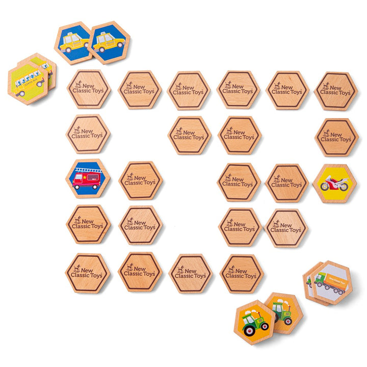 Memory Spiel aus Holz mit bunten Fahrzeug-Motiven, 32 Teile, Lernspiel für Kinder