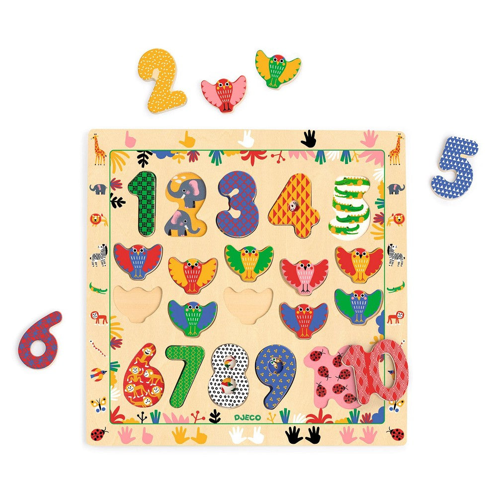 Djeco Puzzle 1-10, Holz Lernpuzzle Zahlen, Tiere, 20-teilig, ab 2 Jahren