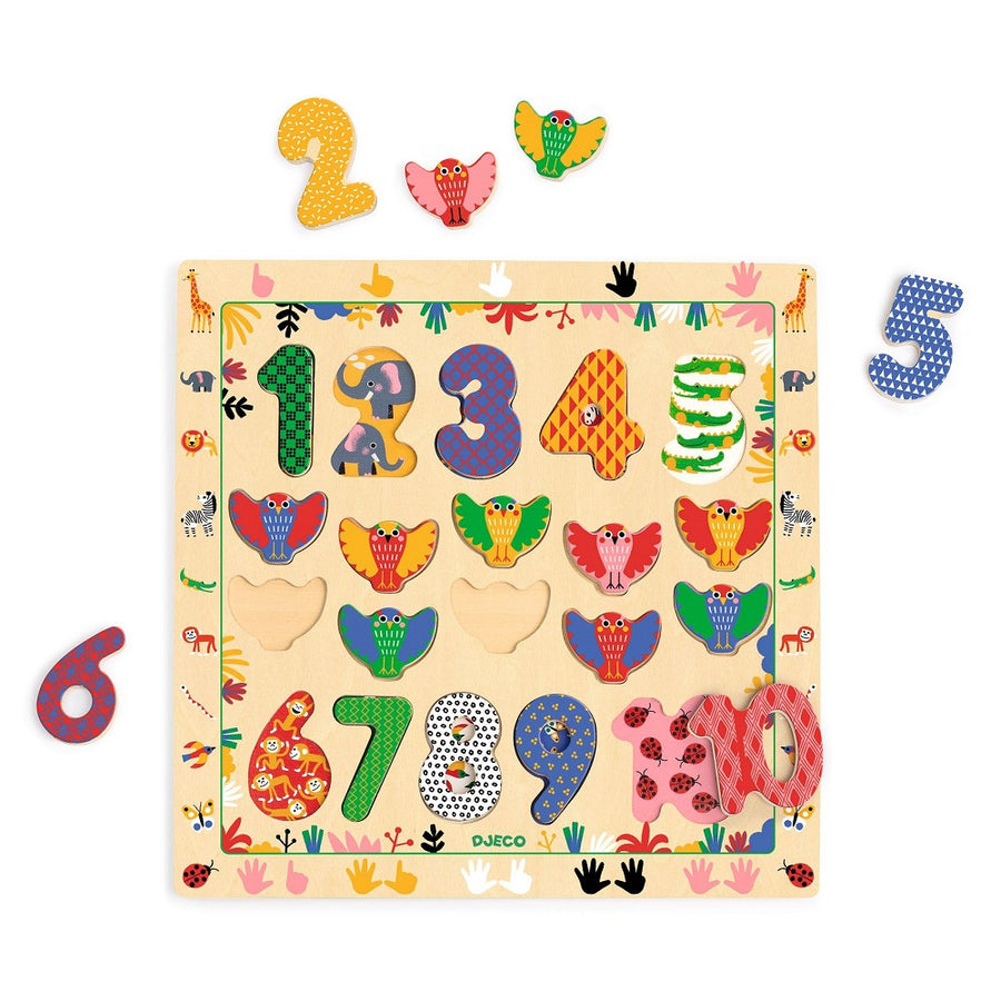 Djeco Puzzle 1-10, Holz Lernpuzzle Zahlen, Tiere, 20-teilig, ab 2 Jahren