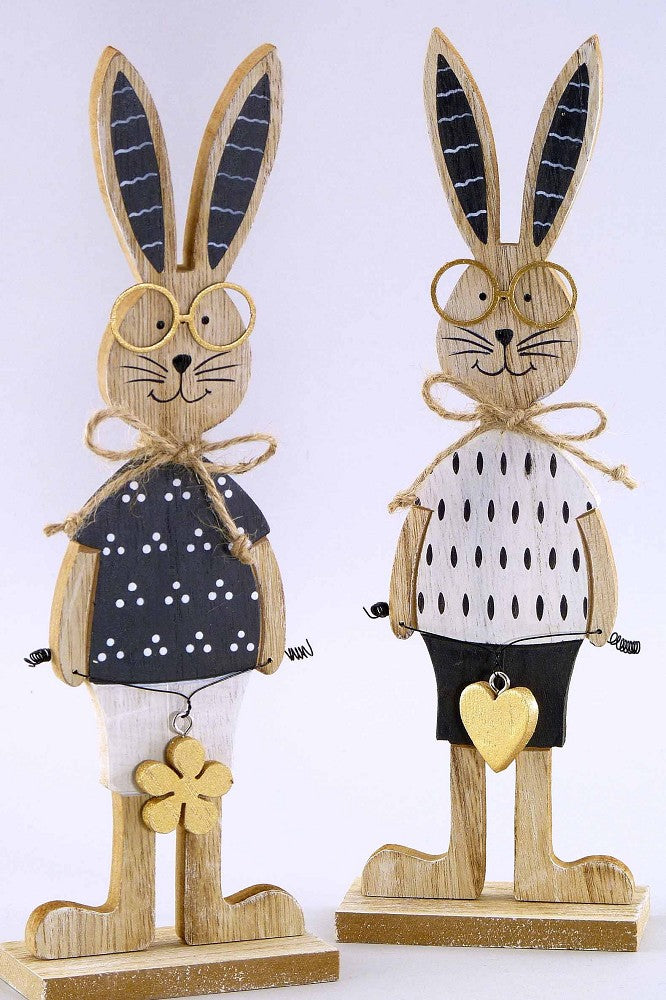 Holz-Hase mit Brille, schwarz weiß gold, 27cm, sortiert, 1 Stück, Osterdeko