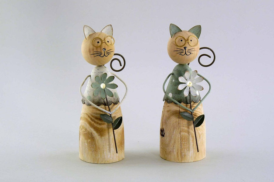 Holz-Metall-Katze mit Brille, weiß petrol gold, 17,5cm, sortiert, 1 Stück, Deko