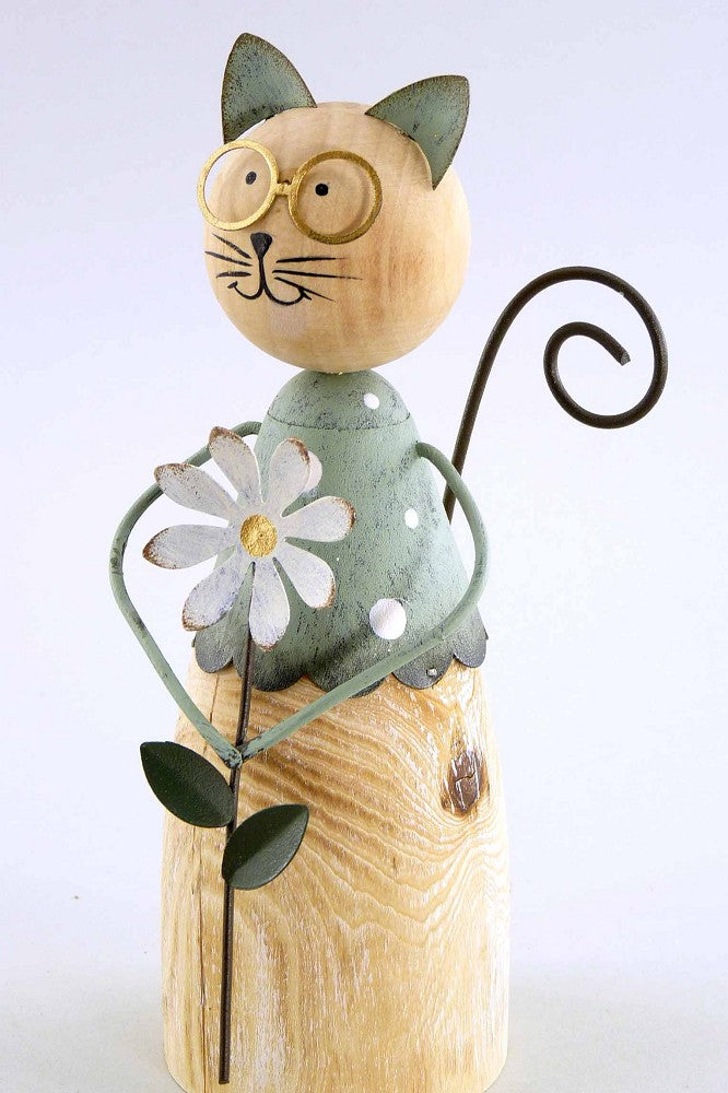 Katze aus Holz und Metall, mit Brille, weiß, petrol, gold, 17,5cm, sortiert, Dekoration