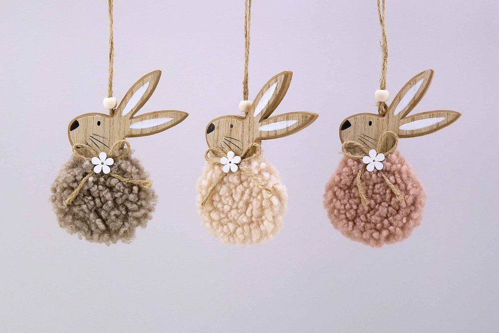 Holz Stoff-Hase creme rosé braun natur 14cm 3-fach sortiert 1 Stück Deko