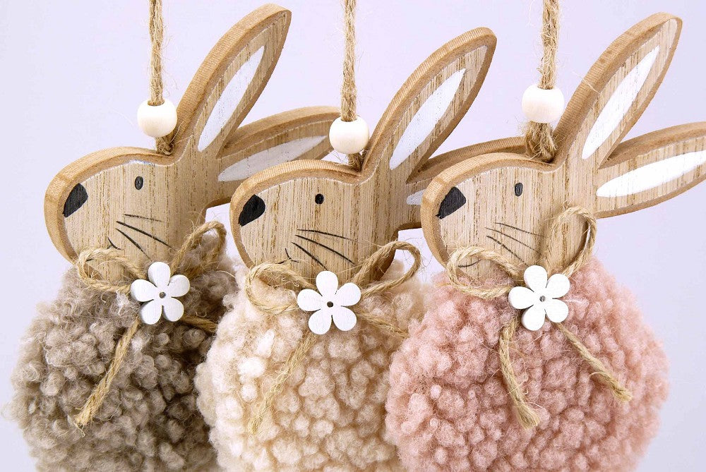 Hase aus Holz und Stoff creme rosé braun natur 14cm sortiert Frühlingsdeko
